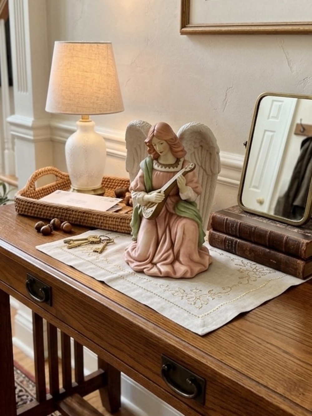 Vintage Decorative Ceramic Angel Figurine in Pink and Cream -by 0’Well China